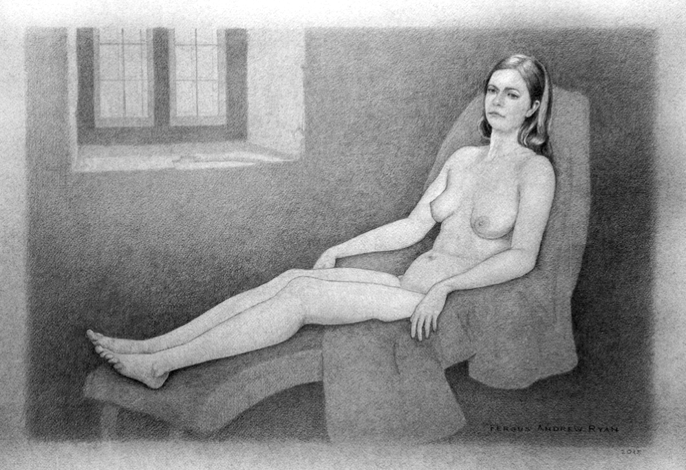 nude figurative pencil drawing girl seated in armchair