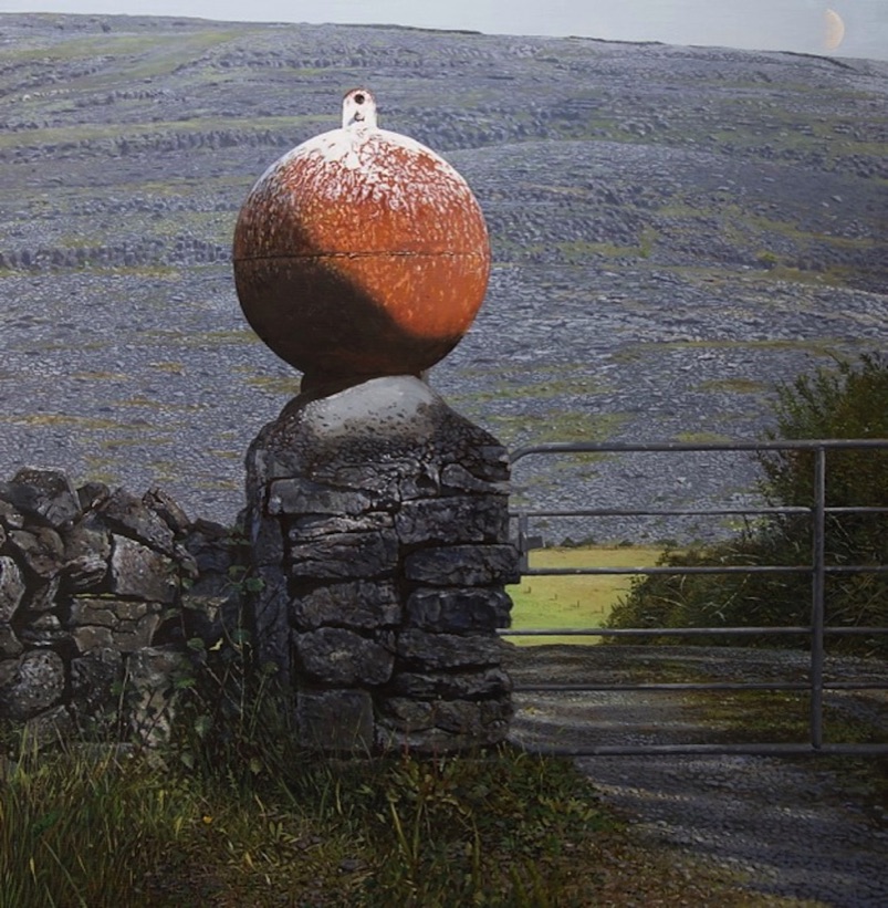 Burren County Clare Ireland realist landscape painting mooring buoy moon orrery by Irish artist Fergus A Ryan
