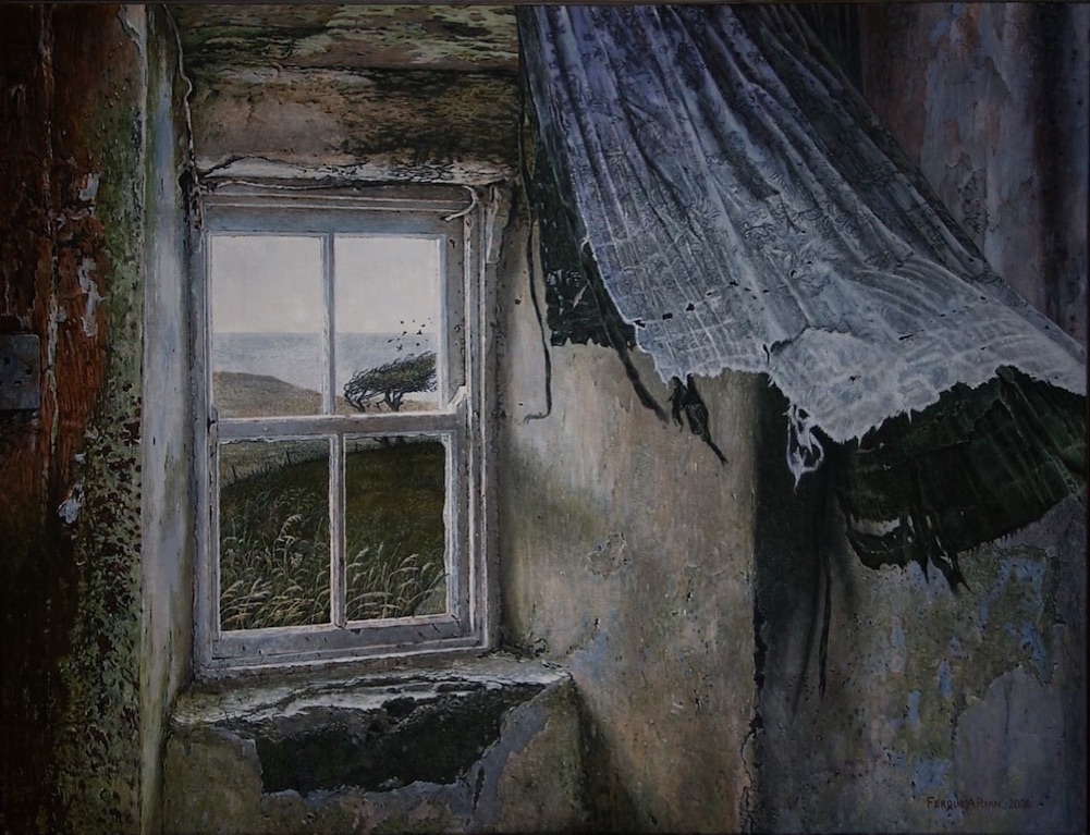 realist landscape painting abandoned cottage curtain window County Mayo Ireland