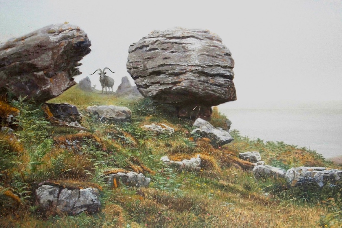 Burren County Clare Ireland realist landscape painting feral goat by Irish artists Fergus A Ryan